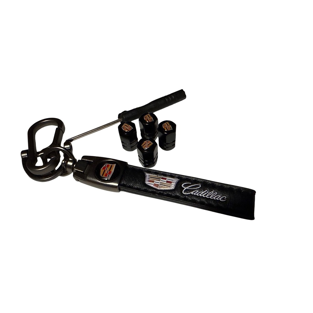 Cadillac Black Leather Keychain and Tire Valve Stem Caps Set with Tool